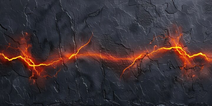 Fiery lightning cracks across a dark, textured stone surface with intense orange glow.