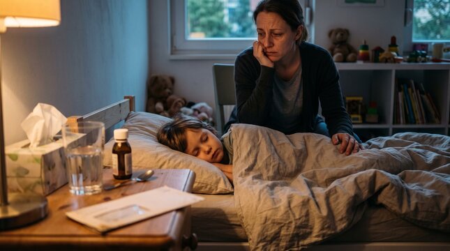 Worried parent beside sleeping sick child, Family stress extending beyond caregiving, Childhood illness creating practical burden, Quiet bedside emotional scene, Realistic home lifestyle photograph