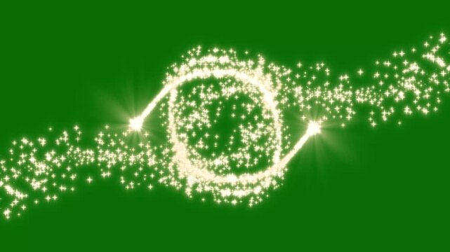 Luxury gold glitter sparkles line animation, magic dust trail transition, 4k rotating gold glitter line ring with star glow effect on green background for elegant motion graphics.