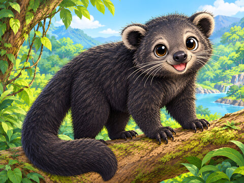 Cute cartoon binturong bearcat standing on tree branch in tropical rainforest with river view, asian wildlife children book illustration