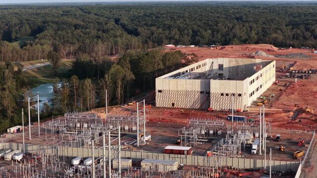 High voltage switchyard in the foreground and a two story concrete data building beyond it in Louisa County, Virginia, with a settling pond and pine woods along the ridge. Aerial view