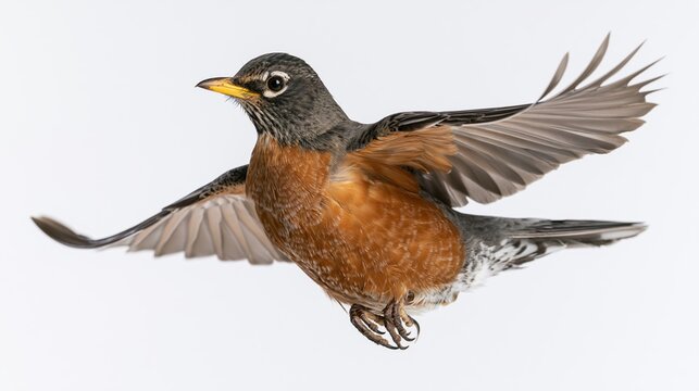 The American Robin in Flight Against a Bright White Sky
