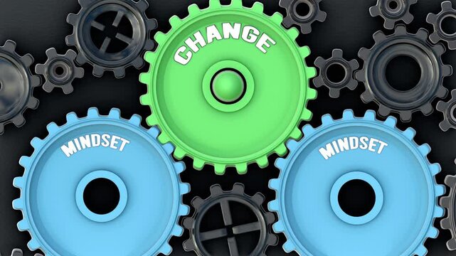 Mindset powers change. It's the driving force that turn Change into reality. Mindset sets change in motion. Engine gears metaphor. Made for humans by humans, no AI