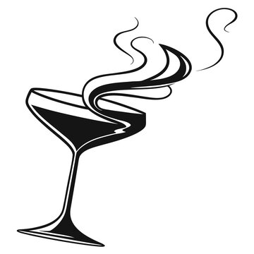 Black and white of a stemmed cocktail glass with swirling smoke or steam rising from the liquid on white background