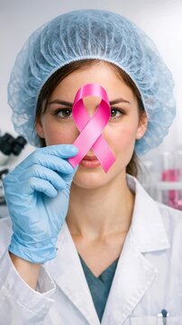 Female Scientist in Lab Coat Holding Pink Breast Cancer Awareness Ribbon