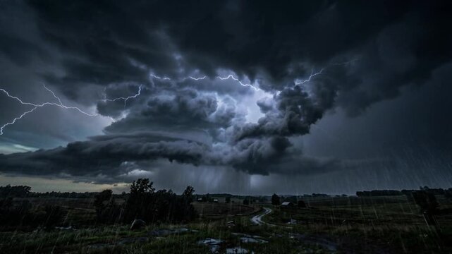 A dramatic 3D stormy sky simulation showcasing layered dark storm clouds with occasional forked lightning illuminates a vast landscape.