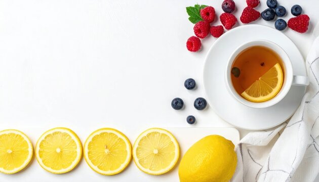 Refreshing tea with lemon and berries on white background.