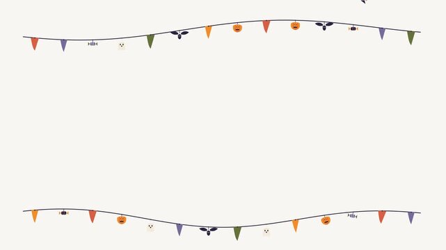 A premium 4K Halloween decorative frame animation featuring elaborate upper and lower garlands adorned with pennants, flying bats, spooky ghosts, and cute pumpkins that react dynamically to a travelin