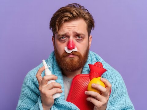 Unwell Bearded Man with Red Nose and Tissues, Wrapped in Blanket, Suffering from Cold or Flu, Holding Remedies.