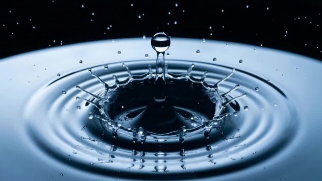 A single pristine water droplet creates an intricate crown splash and concentric ripples upon impact with a liquid surface, captured in stunning detail.