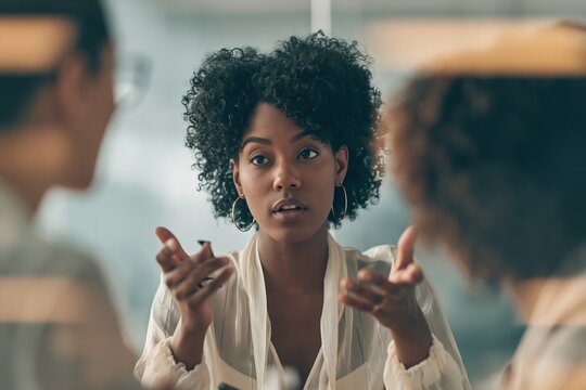 Focused black woman talking with her colleagues during a meeting in a modern office workplace