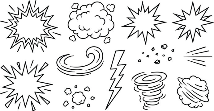 Comic Book Explosion and Special Effect Line Art Icon Set with Lightning Bolt Tornado Wind and Smoke Bubble Symbols for Graphic Creative Designs