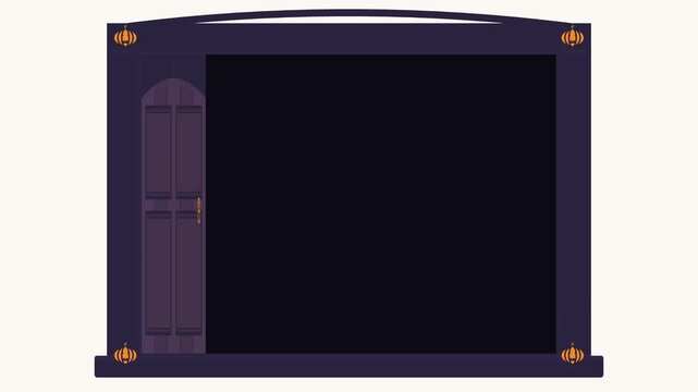 A thrilling 2D Halloween animation featuring a gothic wooden door that knocks twice and opens up to reveal a dark empty background for a clean copy space, framed by decorative stone architecture