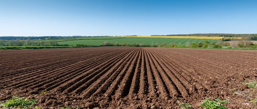 Freshly plowed agricultural field with neat parallel furrows under clear blue sky