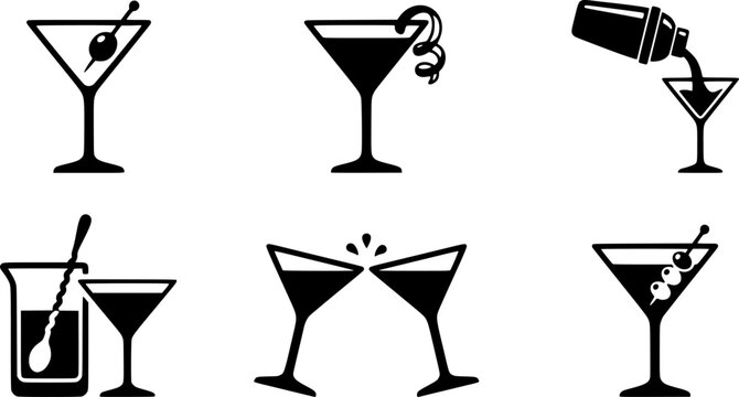 Collection of black and white martini glass illustrations with various garnishes and scenes
