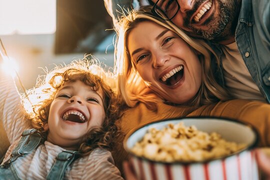 Happy young family laughing together while eating popcorn during movie night at home