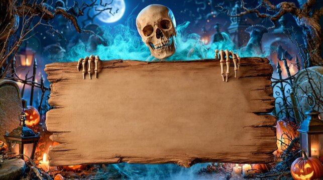 Skeleton skull holding blank wooden sign halloween night