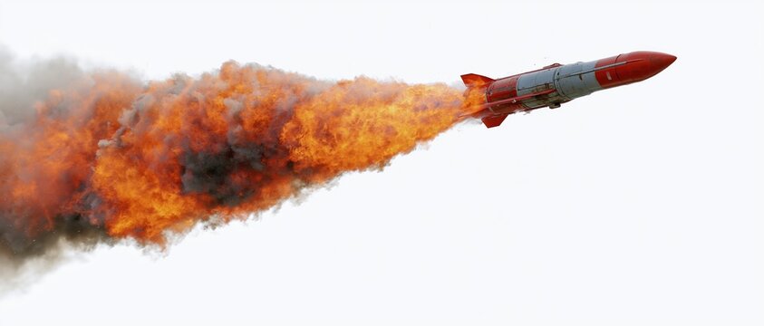 Red military missile in flight leaving fiery smoke trail against white background