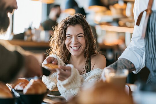 Happy young woman smiling and laughing while sitting with friends in a cozy cafe during daytime