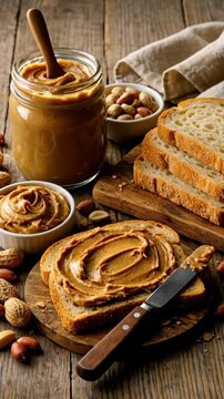 Creamy Peanut Butter Spread on Slices of Rustic Bread