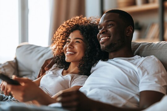 Joyful young interracial couple relaxing on a cozy sofa in the living room watching television