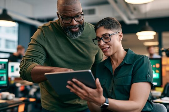 Mature african american businessman and colleague looking at a digital tablet in modern office