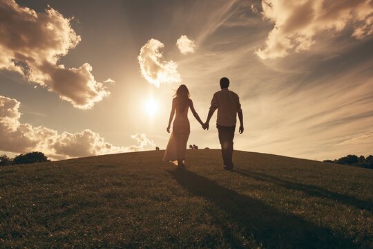 Silhouette of a loving couple walking hand in hand up a grassy hill at sunset with cloudy sky