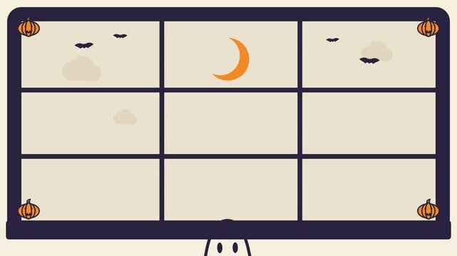 A charming and spooky 2D Halloween window frame animation featuring a rising ghost from behind the sill, flying bats, a night sky with a moon, and decorative corner pumpkins