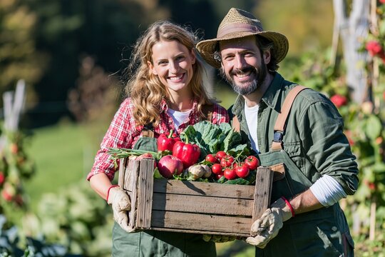 Smiling farmers holding a wooden crate full of freshly harvested vegetables outdoors