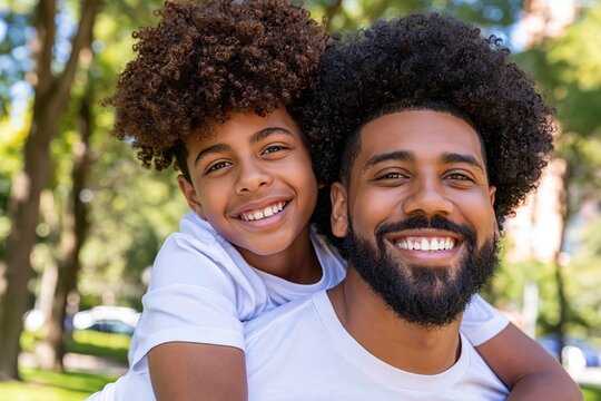 Smiling father giving his young son a piggyback ride outside in a green park environment