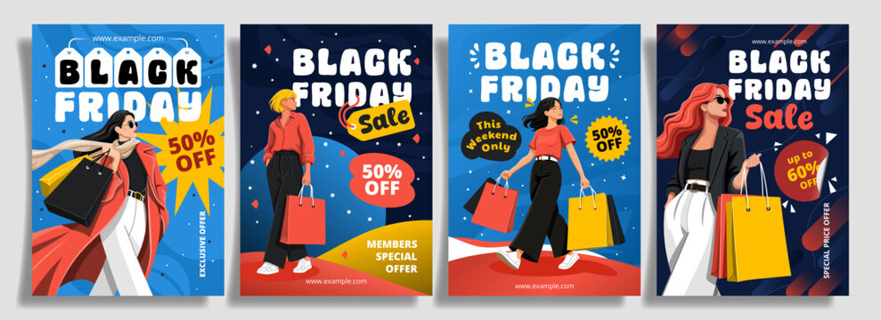 Black Friday sale shopping poster template collection with fashionable woman and discount offer