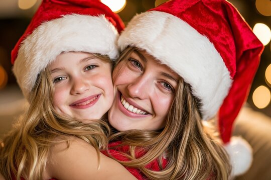 Smiling mother and daughter hugging each other while wearing red santa hats during holidays