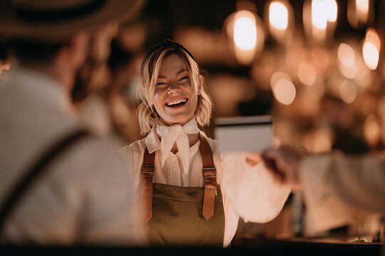 Smiling female bartender holding credit card at a counter in a warm ambient lighted venue