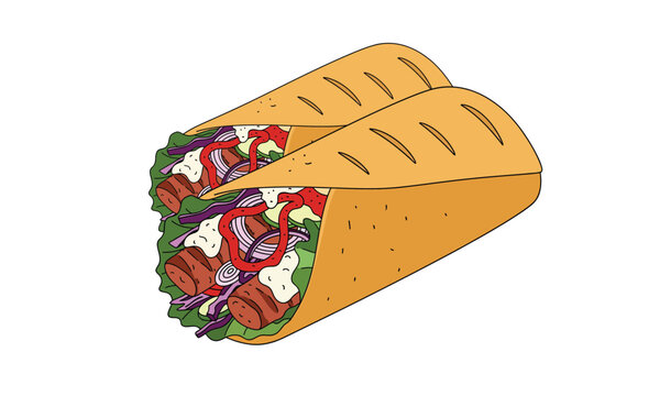 Two delicious grilled kebab wraps with fresh vegetables