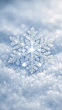 Close-up of a Sparkling Crystal Snowflake on Snowy Ground