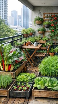 Lush Urban Balcony Garden with Vegetables and City Skyline