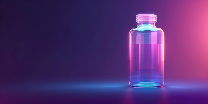 Empty glass bottle sits illuminated by dramatic purple and blue gradient stage lighting.