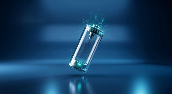 Futuristic transparent glass battery cell hovering in dark blue digital space with glowing cyan energy particles for eco friendly electric technology presentations.