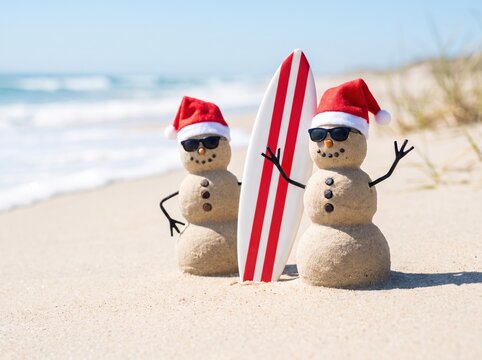 Two sand snowmen wearing Santa hats and sunglasses stand on a sunny beach with a surfboard. These festive sandmen capture the joy of a warm weather holiday.