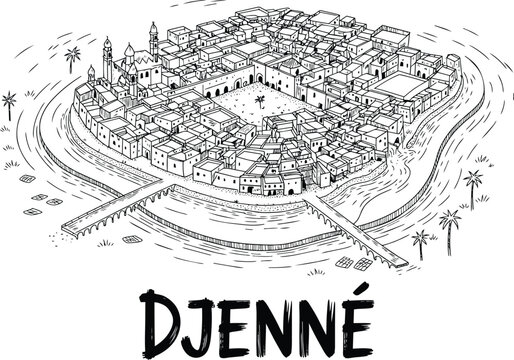 Djenne city in Mali aerial view line art of the Great Mosque and traditional mud brick houses beside the Bani River bank