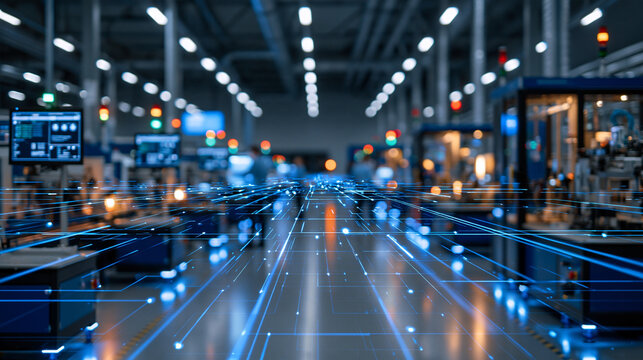 modern manufacturing plant interior, production hall with industrial machines and workers in the background, subtle digital cybersecurity interface overlay, glowing network connect