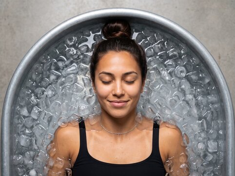 A young woman is smiling with her eyes closed, relaxing in a cold ice bath. The woman is submerged in icy water, showcasing wellness and self care.