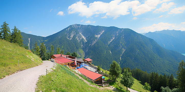 alpine hut at hiking trail Feilkopf mountain, view to Seebergspitze. landscape karwendel alps