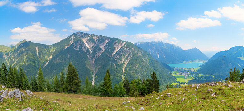 stunning view from Feilkopf mountain, Karwendel alps to lake Achensee, austria tyrol