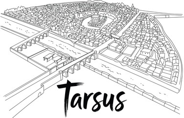 Fototapeta premium Tarsus city skyline and ancient stone bridge over river with historical houses and buildings in the minimal line drawing