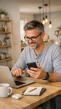 Happy middle-aged man using smartphone and laptop in a modern home office