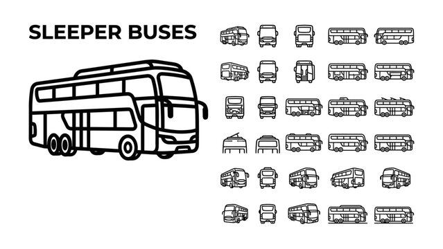 Collection of Sleeper Buses and Travel Vehicles: A comprehensive set of line art illustrations showcasing various types of sleeper buses and other passenger transport vehicles from different angles.