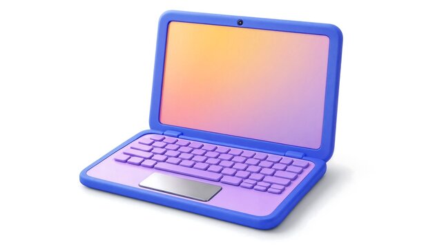 Colorful modern blue and purple laptop computer with gradient screen in a minimalist 3D cartoon style representing digital technology and internet connectivity