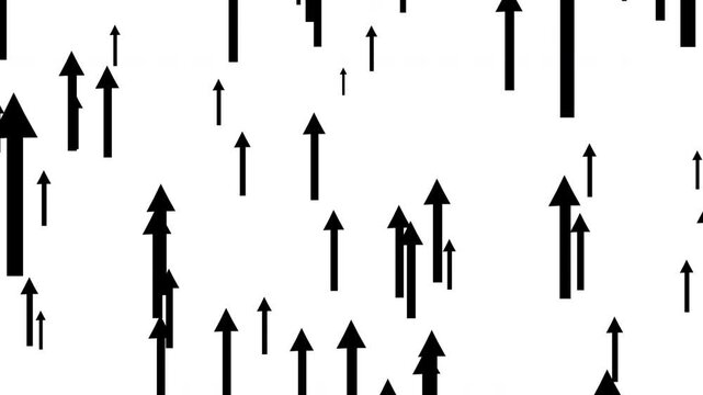 Animated black arrows moving rising on white background loop animation, arrow moving upward direction for market, analytics business growth and success concept video, arrow overlay video, 4k