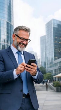Smiling Executive in Suit Using Smartphone in City Center